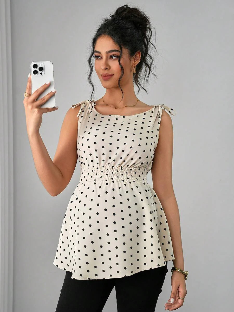 Maternity Polka Dot Print Knotted Shoulder & Waist Tunic - Stylish Geometric Shirred Boat Neck Sleeveless Tank Top in Apricot