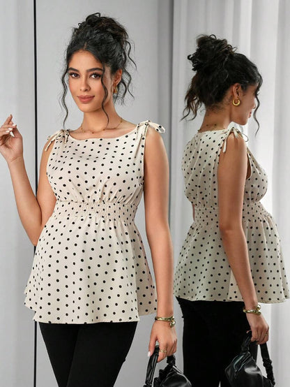 Apricot Geometric Print Shirred Boat Neck Maternity Tank Top - Casual Regular Fit Sleeveless Cami for Home and Everyday Wear