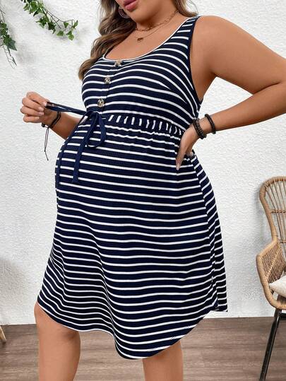 Plussiva Plus Size Pregnant Women U-Neck Sleeveless Striped Casual Tie-Waist Dress Maternity Summer Dress Summer Dress Curve