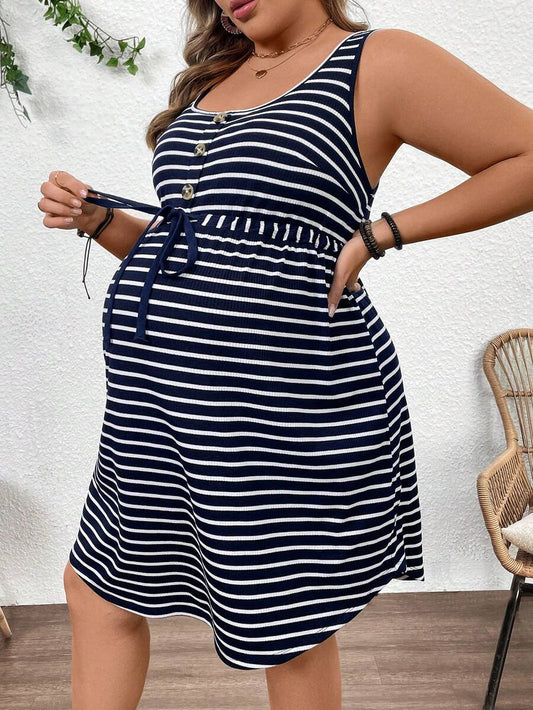 Plussiva Plus Size Pregnant Women U-Neck Sleeveless Striped Casual Tie-Waist Dress Maternity Summer Dress Summer Dress Curve