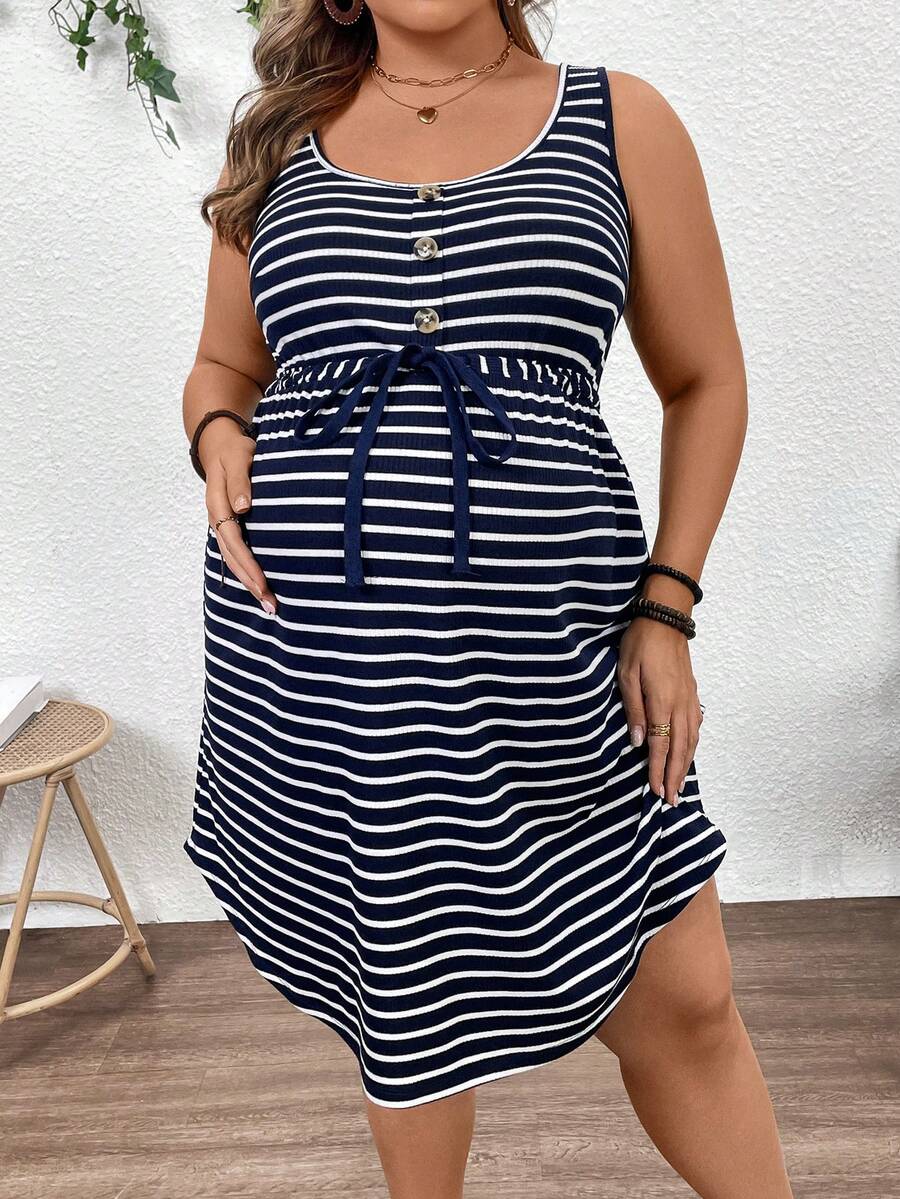 Plussiva Plus Size Pregnant Women U-Neck Sleeveless Striped Casual Tie-Waist Dress Maternity Summer Dress Summer Dress Curve