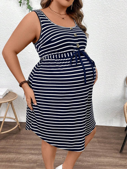 Plussiva Plus Size Pregnant Women U-Neck Sleeveless Striped Casual Tie-Waist Dress Maternity Summer Dress Summer Dress Curve