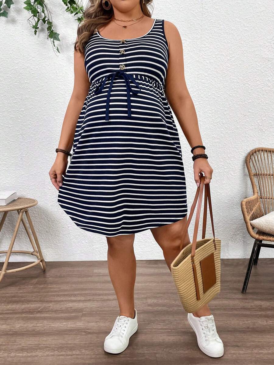 Plussiva Plus Size Pregnant Women U-Neck Sleeveless Striped Casual Tie-Waist Dress Maternity Summer Dress Summer Dress Curve