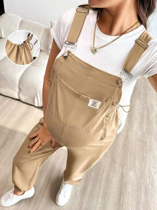 Blue Maternity Patch Pocket Casual Bib Overalls – Loose Fit Sleeveless Solid Color Jumpsuit with Straps and Medium Stretch Woven Fabric