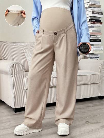Maternity Tailored Office Pants - Adjustable Waist, Slant Pocket, Loose Fit, Khaki