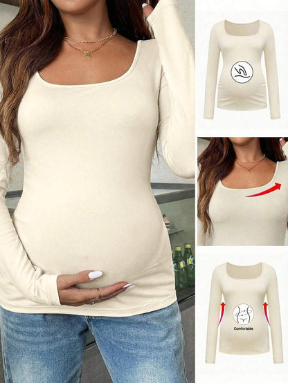 Maternity White Scoop Neck Long Sleeve Fitted T-Shirt - Slim Fit Knitted Pregnancy Top for Casual Daily Wear