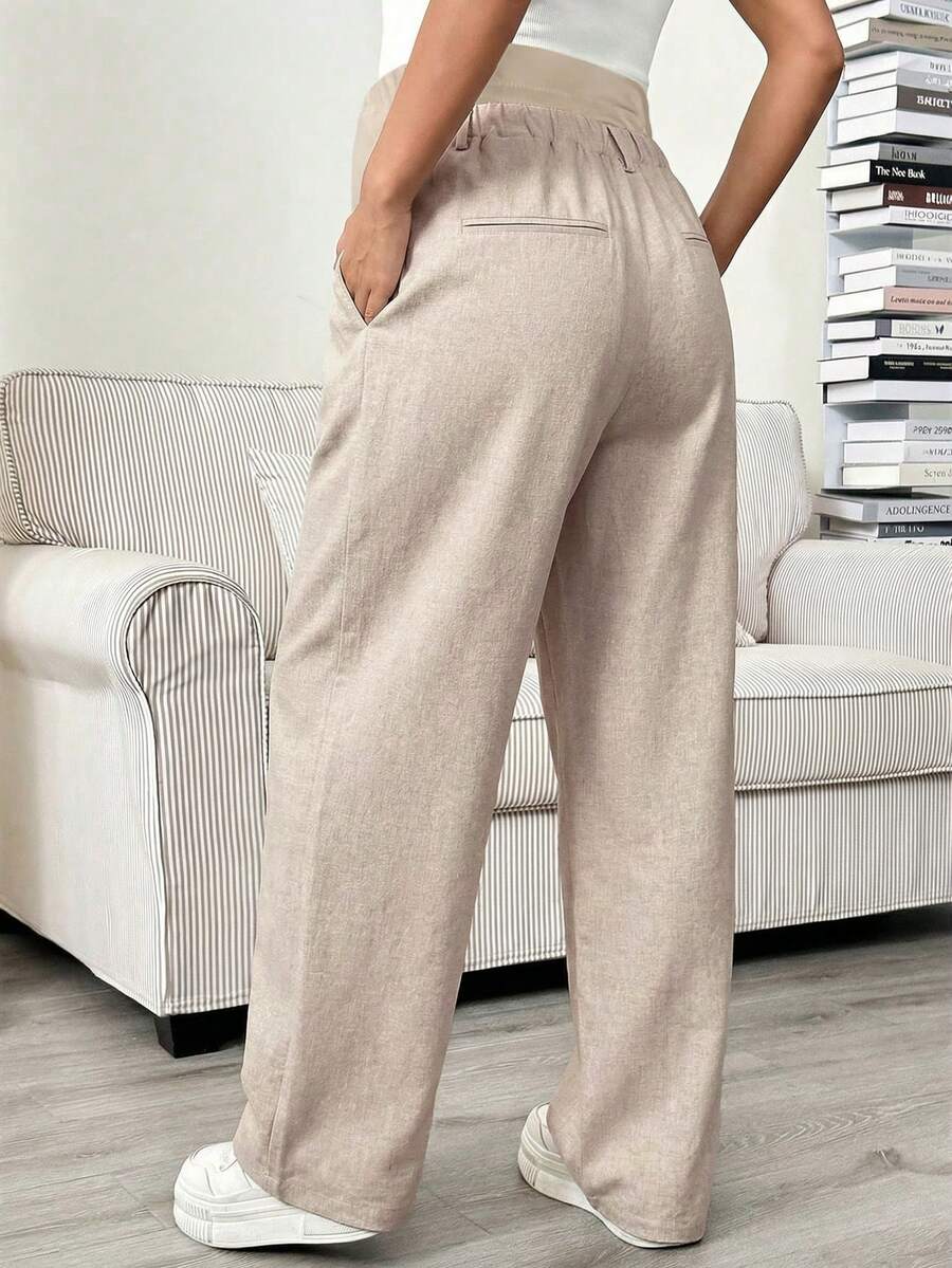 Maternity Tailored Office Pants - Adjustable Waist, Slant Pocket, Loose Fit, Khaki
