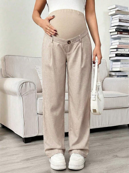 Maternity Tailored Office Pants - Adjustable Waist, Slant Pocket, Loose Fit, Khaki