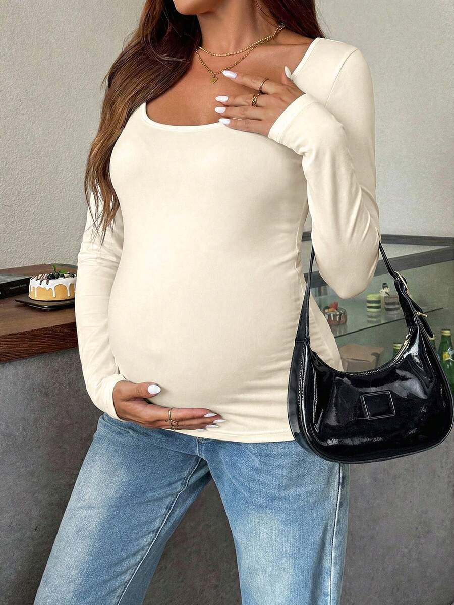 Maternity White Scoop Neck Long Sleeve Fitted T-Shirt - Slim Fit Knitted Pregnancy Top for Casual Daily Wear