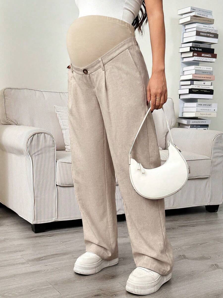 Maternity Tailored Office Pants - Adjustable Waist, Slant Pocket, Loose Fit, Khaki