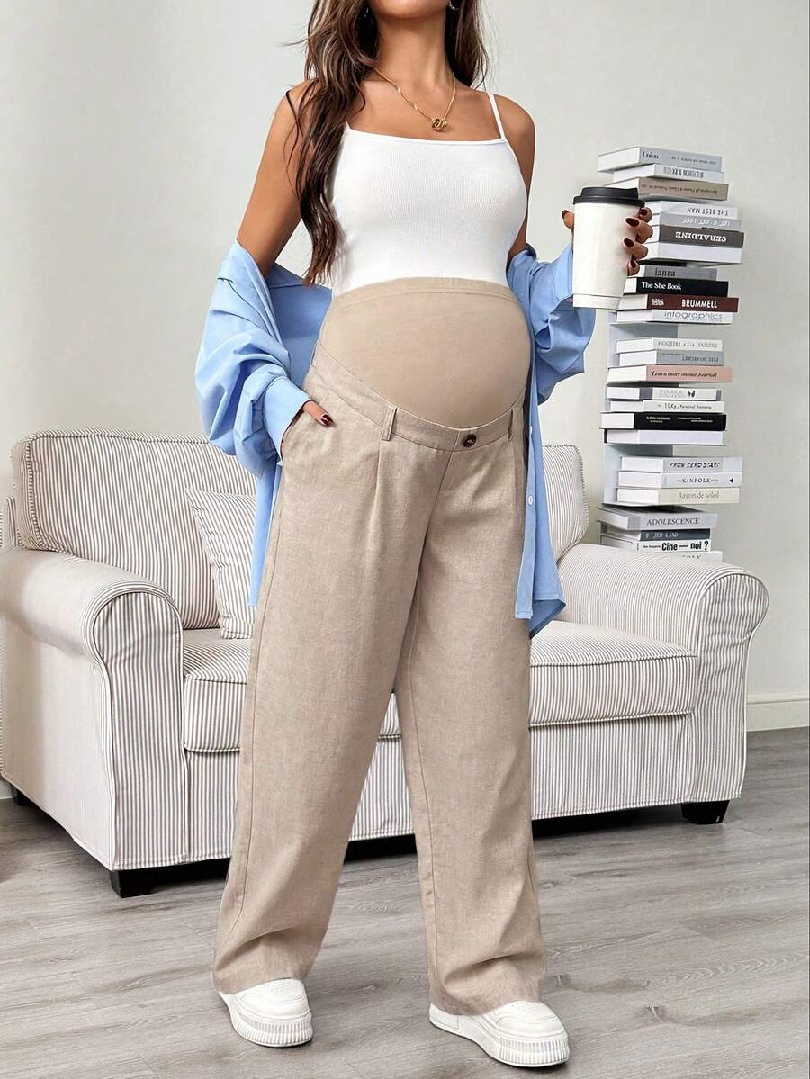 Maternity Tailored Pants - Adjustable Waist, Pocket, Loose Fit, Navy Blue