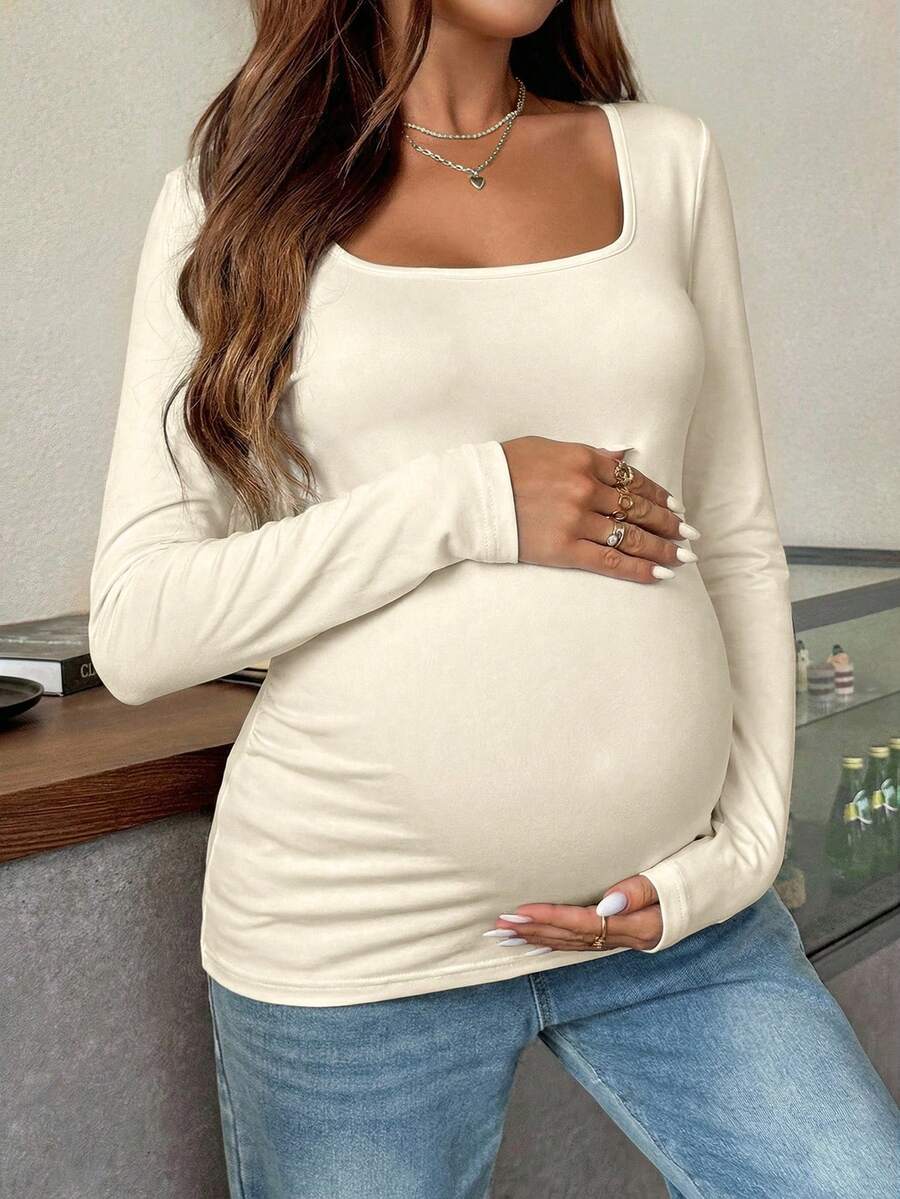 Maternity White Scoop Neck Long Sleeve Fitted T-Shirt - Slim Fit Knitted Pregnancy Top for Casual Daily Wear
