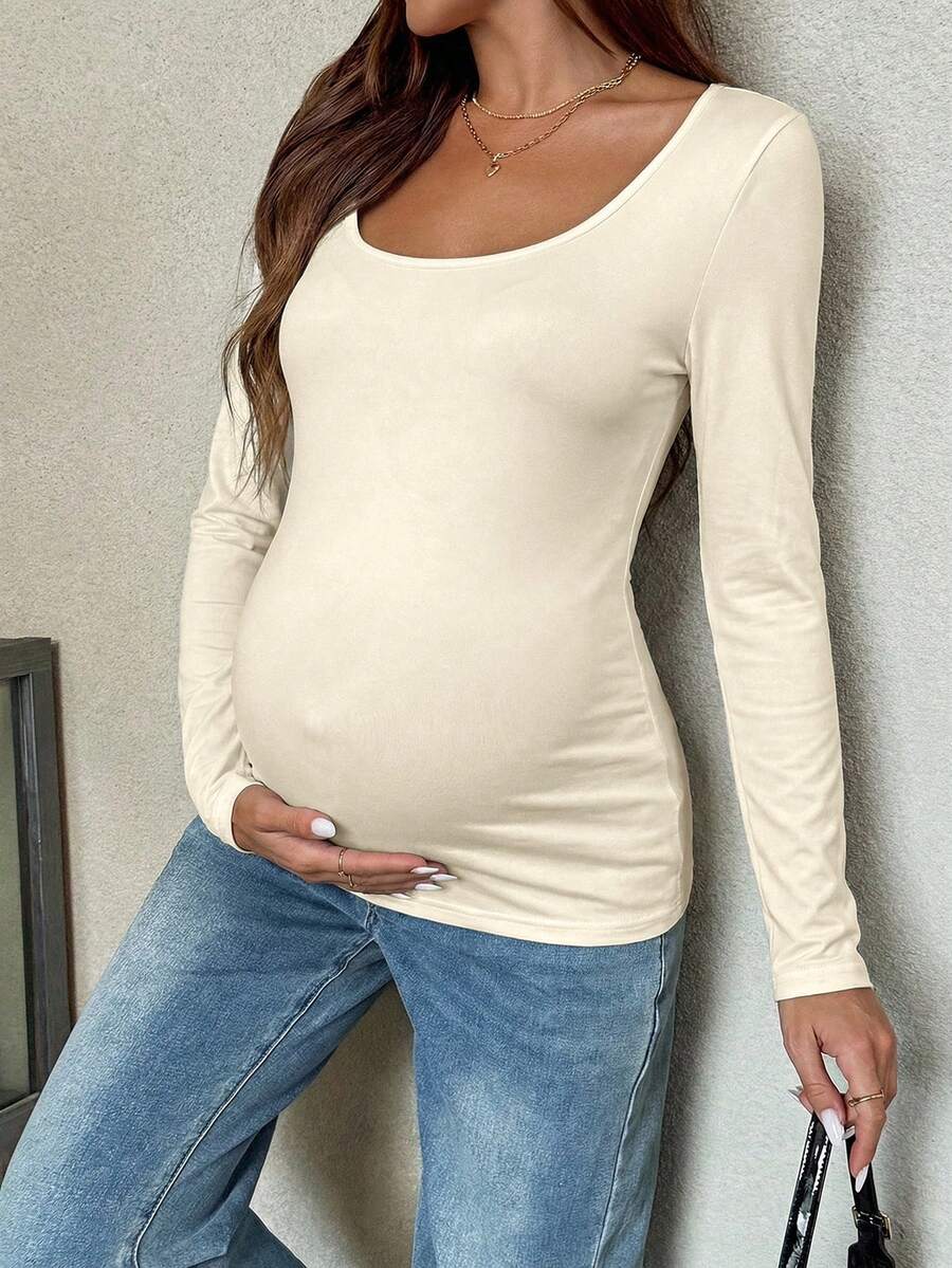Maternity White Scoop Neck Long Sleeve Fitted T-Shirt - Slim Fit Knitted Pregnancy Top for Casual Daily Wear