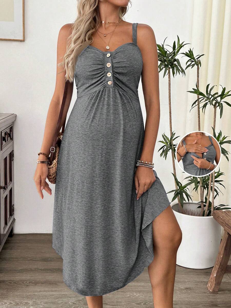Grey Knitted Maternity Nursing Dress Asymmetrical Button Front Spaghetti Strap Sleeveless Long Casual Loungewear Maxi Dress