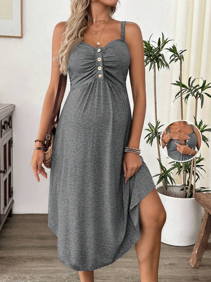 Grey Knitted Maternity Nursing Dress Asymmetrical Button Front Spaghetti Strap Sleeveless Long Casual Loungewear Maxi Dress