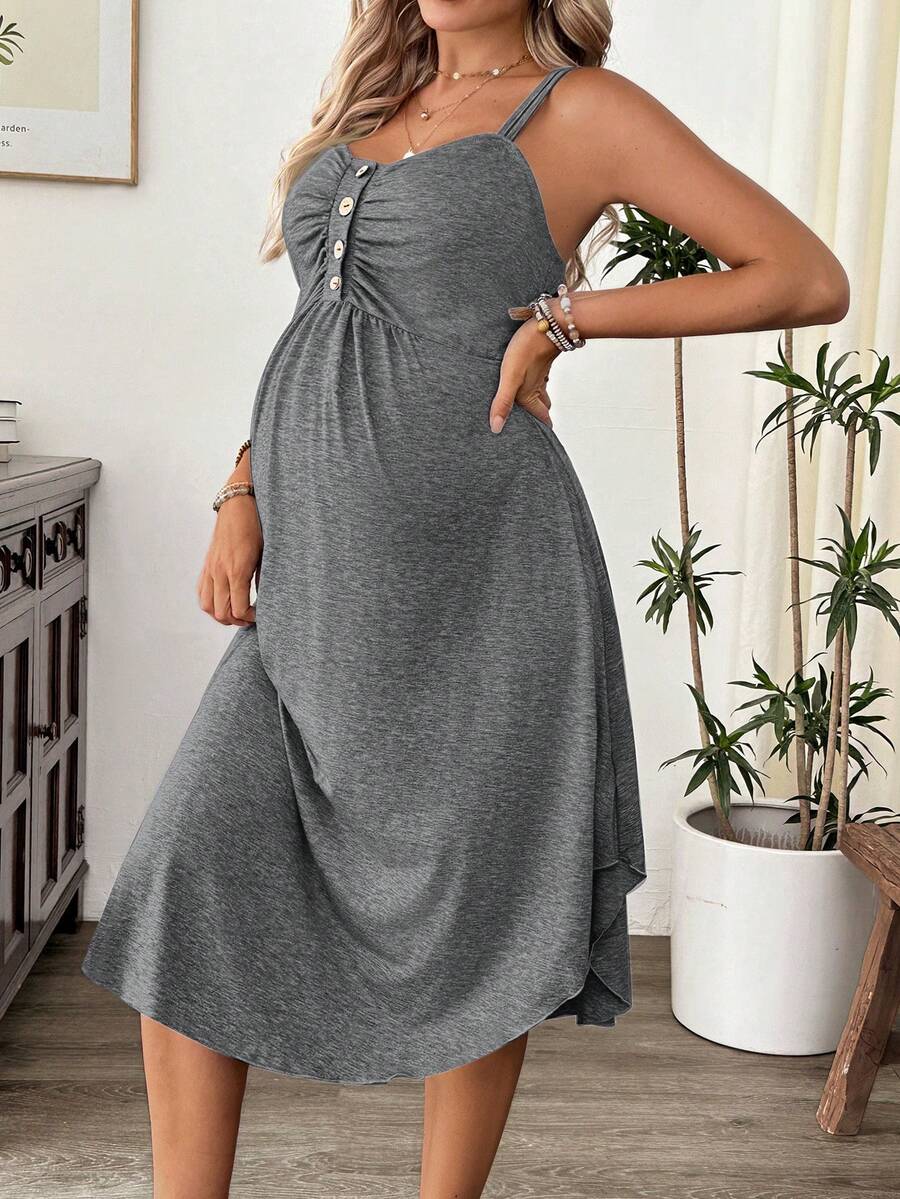 Maternity Summer Casual Burgundy Nursing Slip Dress with Ruched Bust and Button Decor - High Stretch Knit Maternity Long Dress