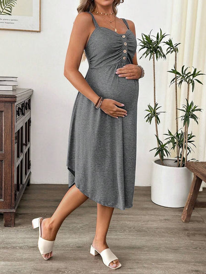 Grey Knitted Maternity Nursing Dress Asymmetrical Button Front Spaghetti Strap Sleeveless Long Casual Loungewear Maxi Dress