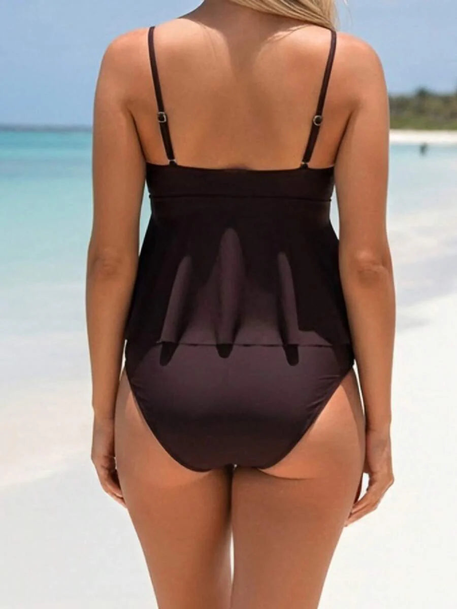 Maternity Bikini Set - Seashell Print Ruffle Top, Coffee