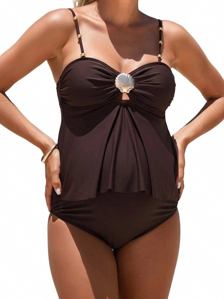 Maternity Bikini Set - Seashell Print Ruffle Top, Coffee