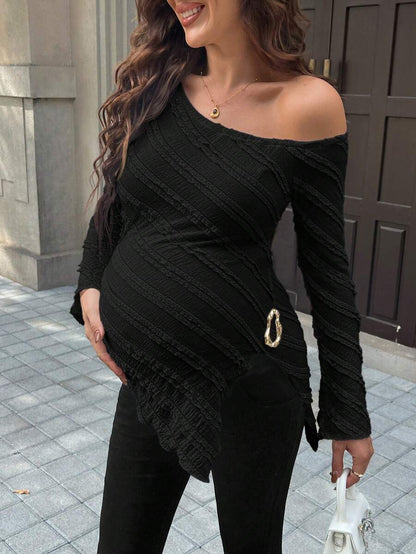 Maternity One Shoulder Long Bell Sleeve Shirt - Asymmetrical Ruffle Hem Slim Fit Rib Knit Jacquard Top for Beach & Casual Wear