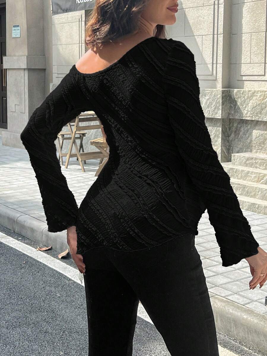 Maternity One Shoulder Long Bell Sleeve Shirt - Asymmetrical Ruffle Hem Slim Fit Rib Knit Jacquard Top for Beach & Casual Wear