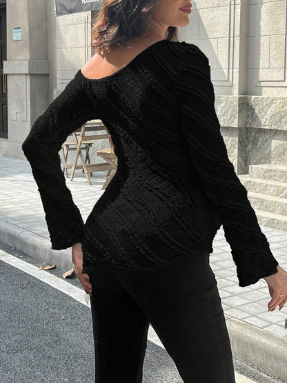 Maternity One Shoulder Long Bell Sleeve Shirt - Asymmetrical Ruffle Hem Slim Fit Rib Knit Jacquard Top for Beach & Casual Wear