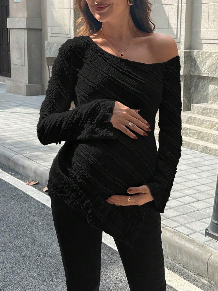 Maternity One Shoulder Long Bell Sleeve Shirt - Asymmetrical Ruffle Hem Slim Fit Rib Knit Jacquard Top for Beach & Casual Wear