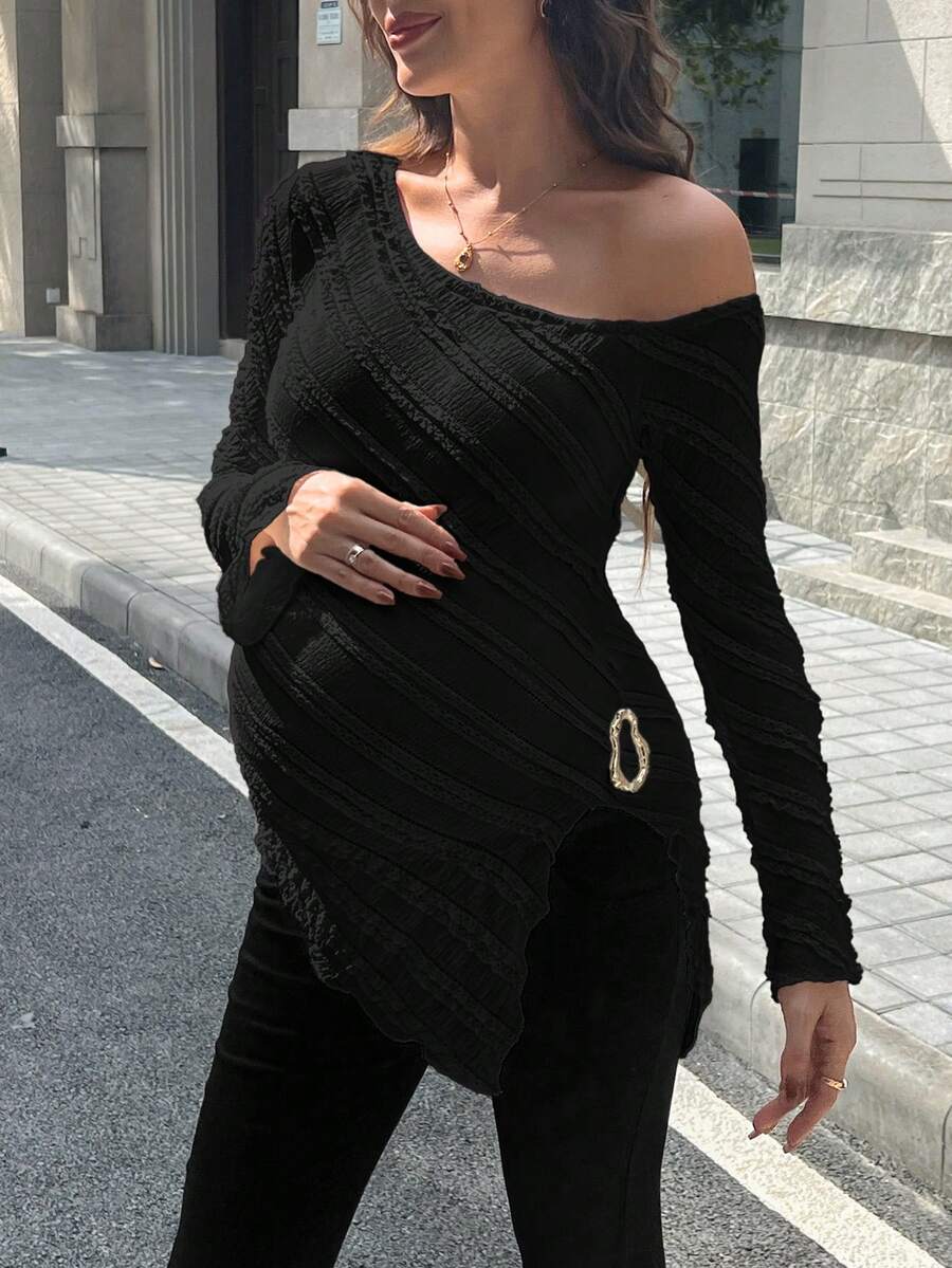 Maternity One Shoulder Long Bell Sleeve Shirt - Asymmetrical Ruffle Hem Slim Fit Rib Knit Jacquard Top for Beach & Casual Wear