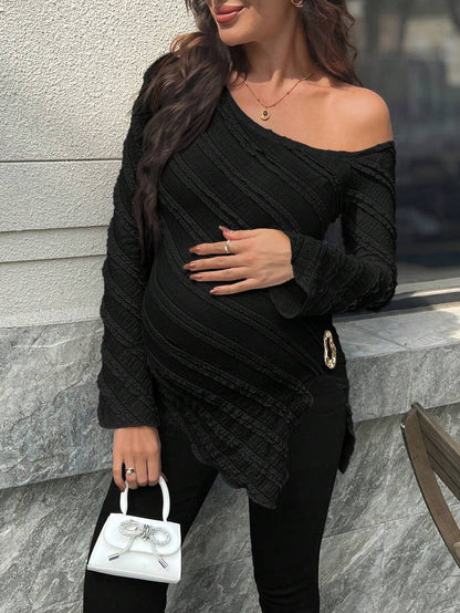 Maternity One Shoulder Long Bell Sleeve Shirt - Asymmetrical Ruffle Hem Slim Fit Rib Knit Jacquard Top for Beach & Casual Wear