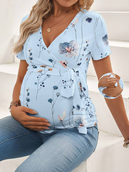 Yellow Floral Maternity & Nursing T-Shirt - V-Neck Short Sleeve Belted Top with High-Stretch Nursing Access