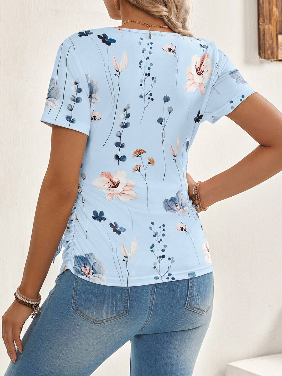 Yellow Floral Maternity & Nursing T-Shirt - V-Neck Short Sleeve Belted Top with High-Stretch Nursing Access