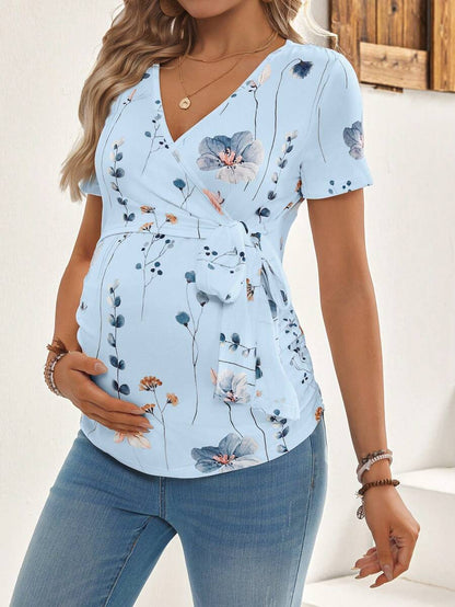 Maternity V-Neck Floral Print Breastfeeding Friendly Short Sleeve T-Shirt, Slim Fit High Stretch Knit Casual Summer Maternity Top