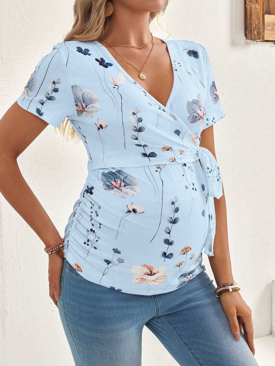Maternity V-Neck Floral Print Breastfeeding Friendly Short Sleeve T-Shirt, Slim Fit High Stretch Knit Casual Summer Maternity Top