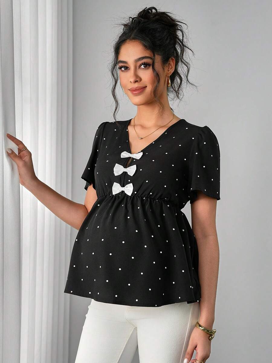 Maternity Polka Dot Peplum Top - V Neck, Bow Decor, Puff Sleeve, A-Line Hem, Navy Blue