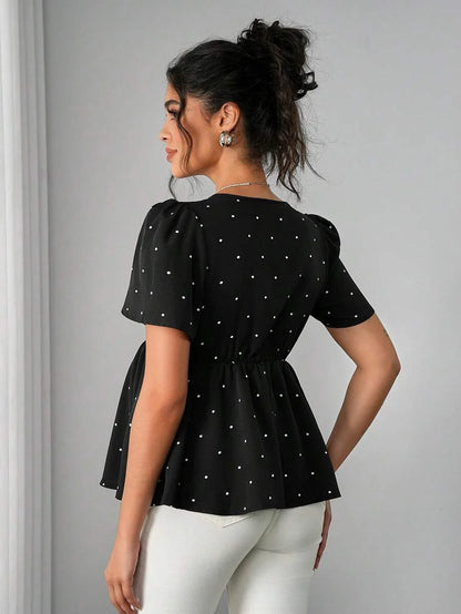 Maternity Polka Dot Peplum Top - V Neck, Bow Decor, Puff Sleeve, A-Line Hem, Navy Blue