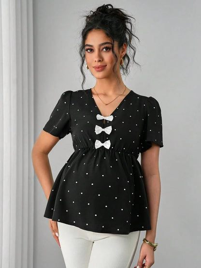 Maternity Polka Dot Peplum Top - V Neck, Bow Decor, Puff Sleeve, A-Line Hem, Navy Blue