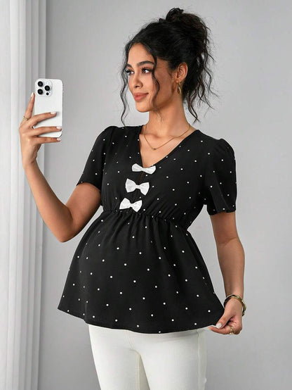 Maternity Polka Dot Peplum Top - V Neck, Bow Decor, Puff Sleeve, A-Line Hem, Navy Blue