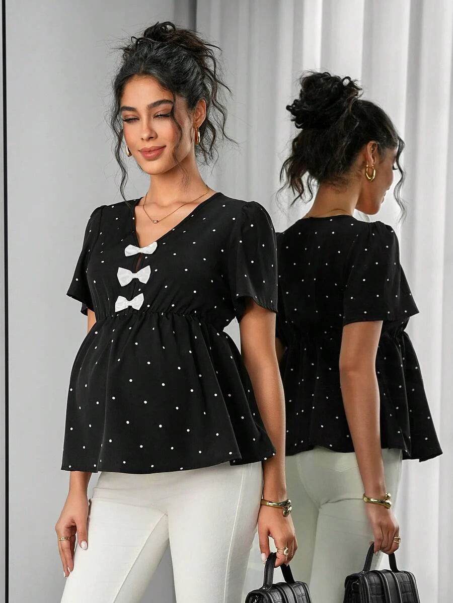 Maternity Polka Dot Peplum Top - V Neck, Bow Decor, Puff Sleeve, A-Line Hem, Navy Blue