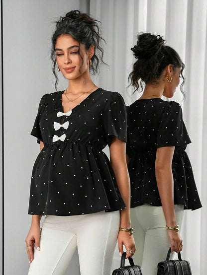 Maternity Polka Dot Peplum Top - V Neck, Bow Decor, Puff Sleeve, A-Line Hem, Navy Blue
