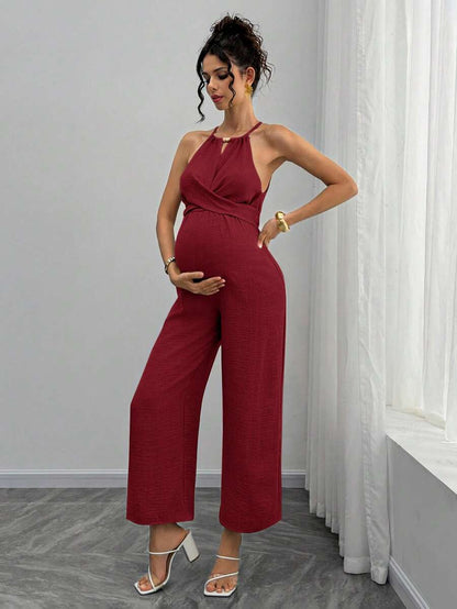 Maternity Jumpsuit With Wooden Bead Halter Neck, Tie Front Waist Bow Detail, Full Length Pants Maternity Women Pregnancy Clothes Maternity Clothes Baby Shower Guest Outfit Maternity Jumpsuits For Woman Jumpsuit For Pregnant Woman Pregnancy Outfits