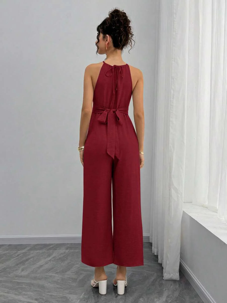 Maternity Jumpsuit With Wooden Bead Halter Neck, Tie Front Waist Bow Detail, Full Length Pants Maternity Women Pregnancy Clothes Maternity Clothes Baby Shower Guest Outfit Maternity Jumpsuits For Woman Jumpsuit For Pregnant Woman Pregnancy Outfits
