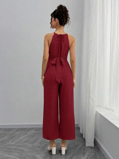 Maternity Jumpsuit With Wooden Bead Halter Neck, Tie Front Waist Bow Detail, Full Length Pants