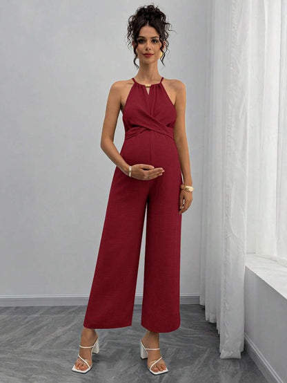 Maternity Jumpsuit With Wooden Bead Halter Neck, Tie Front Waist Bow Detail, Full Length Pants Maternity Women Pregnancy Clothes Maternity Clothes Baby Shower Guest Outfit Maternity Jumpsuits For Woman Jumpsuit For Pregnant Woman Pregnancy Outfits