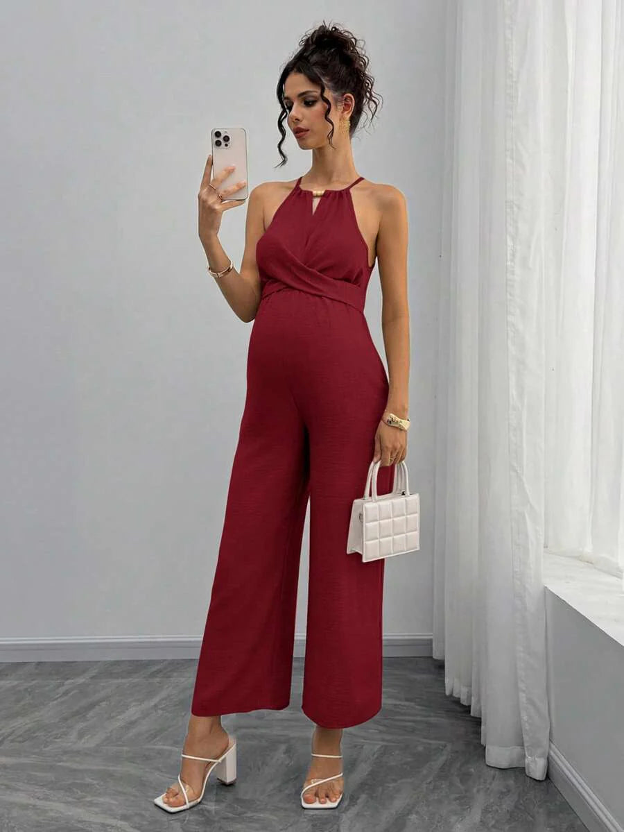 Maternity Jumpsuit With Wooden Bead Halter Neck, Tie Front Waist Bow Detail, Full Length Pants Maternity Women Pregnancy Clothes Maternity Clothes Baby Shower Guest Outfit Maternity Jumpsuits For Woman Jumpsuit For Pregnant Woman Pregnancy Outfits