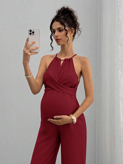 Maternity Jumpsuit With Wooden Bead Halter Neck, Tie Front Waist Bow Detail, Full Length Pants