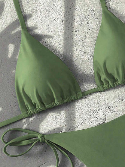Swim Vcay Women's Solid Color Halter Tie Backless Sexy Thong Bikini Set Bikini Triangle Lemon Bikini Yellow Bathing Suits Light Yellow Bikini String Bikini Set