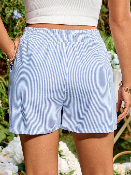 Maternity Striped Strawberry Embroidery Shorts Blue and White Ultra High Elastic Waist Loose Fit Wide Leg Summer Vacation Casual Shorts