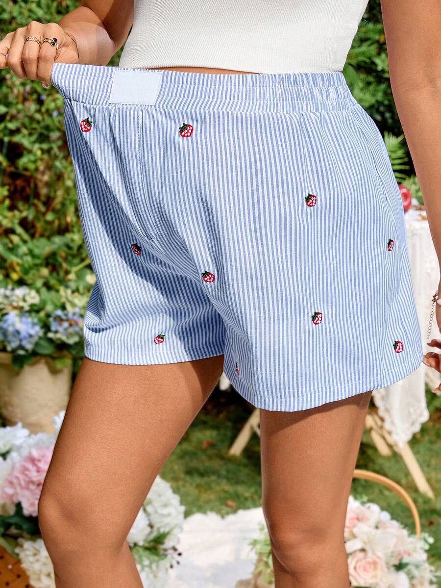 Maternity Striped Strawberry Embroidery Shorts Blue and White Ultra High Elastic Waist Loose Fit Wide Leg Summer Vacation Casual Shorts