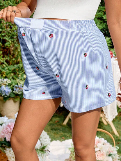 Maternity Striped Strawberry Embroidery Shorts Blue and White Ultra High Elastic Waist Loose Fit Wide Leg Summer Vacation Casual Shorts