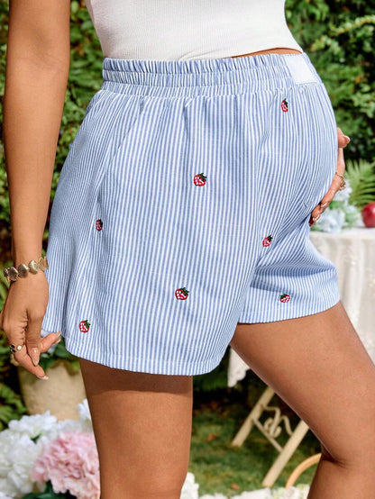Maternity Striped Strawberry Embroidery Shorts Blue and White Ultra High Elastic Waist Loose Fit Wide Leg Summer Vacation Casual Shorts